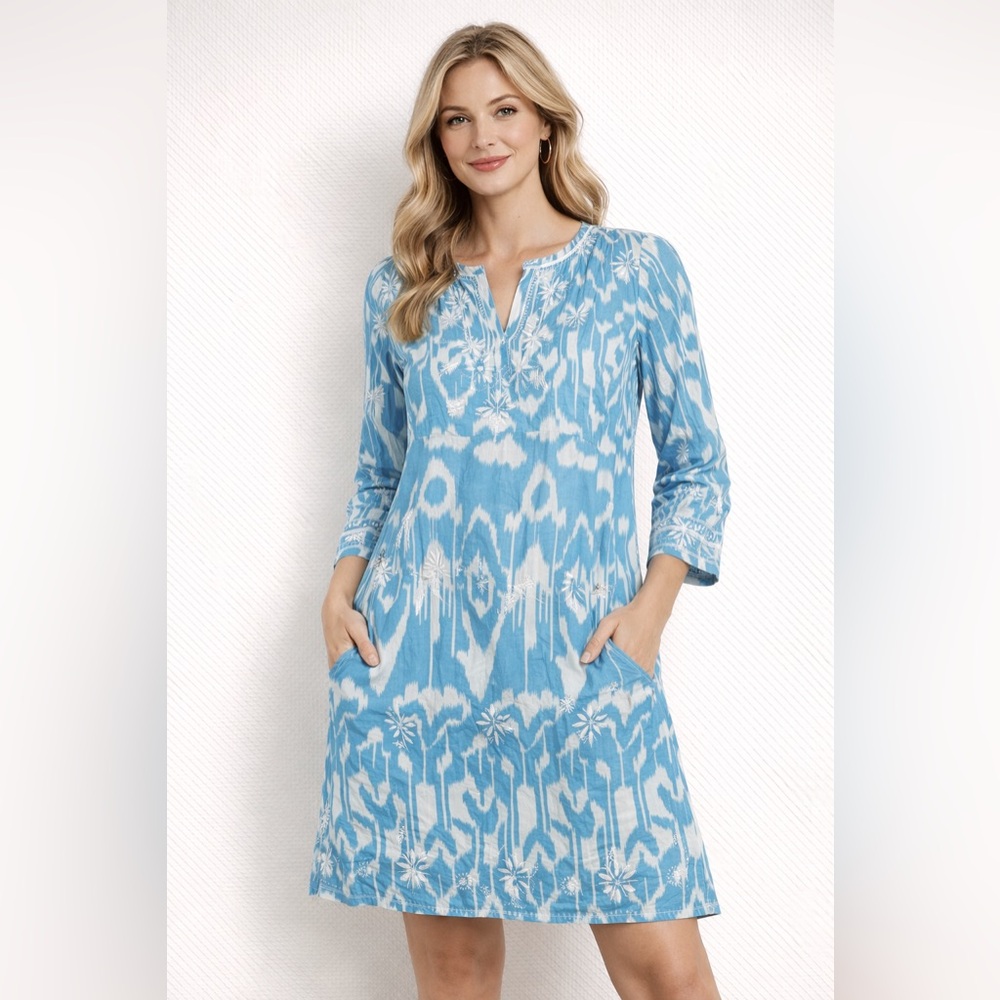 Gretchen Scott Blue White Floral Dress Women S Cover Up Tunic Print Cross Stitch